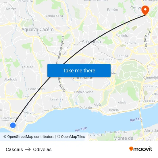 Cascais to Odivelas map
