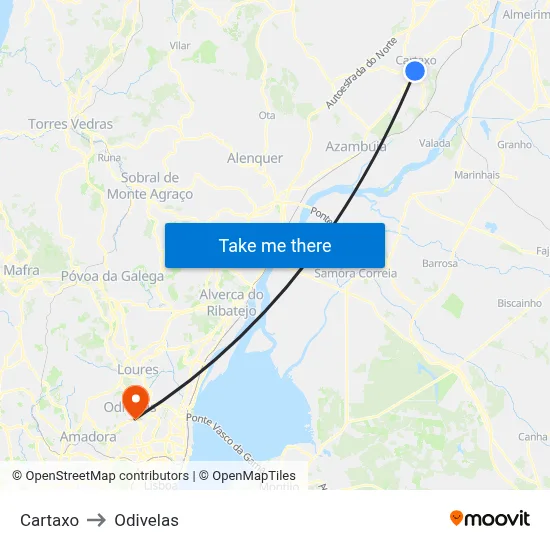 Cartaxo to Odivelas map