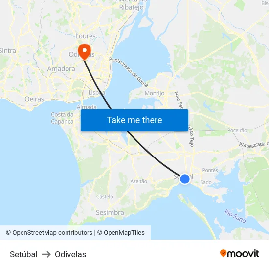 Setúbal to Odivelas map