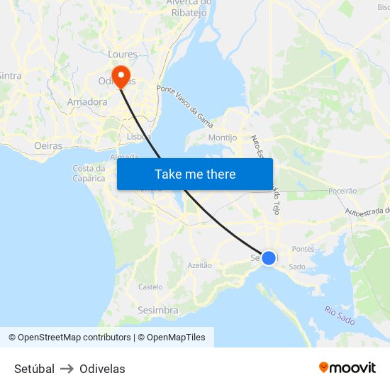 Setúbal to Odivelas map