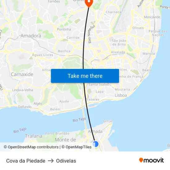 Cova da Piedade to Odivelas map