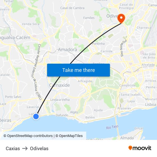 Caxias to Odivelas map