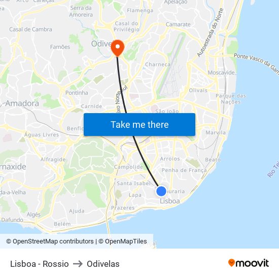 Lisboa - Rossio to Odivelas map