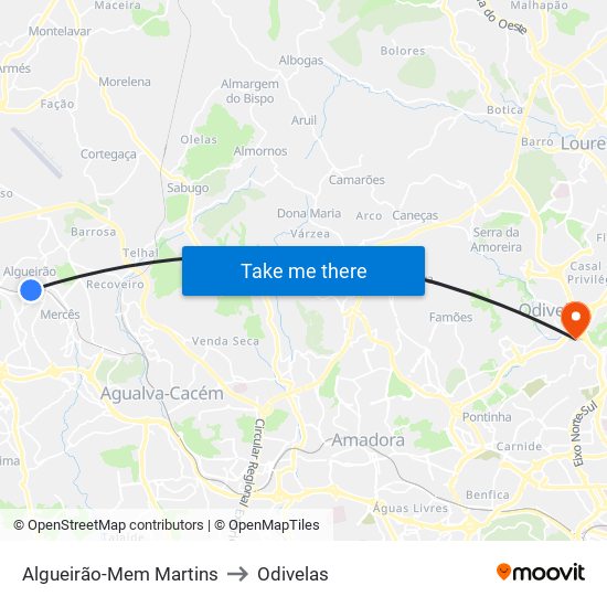 Algueirão-Mem Martins to Odivelas map
