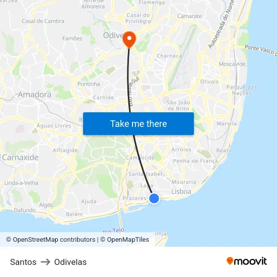 Santos to Odivelas map