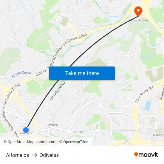 Alfornelos to Odivelas map