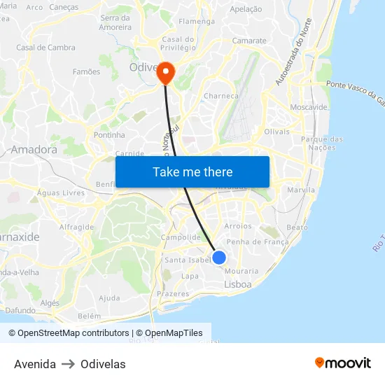 Avenida to Odivelas map