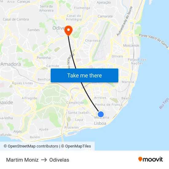 Martim Moniz to Odivelas map
