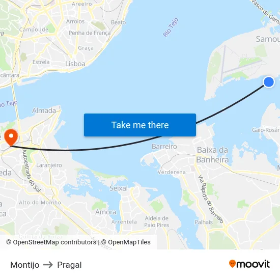 Montijo to Pragal map