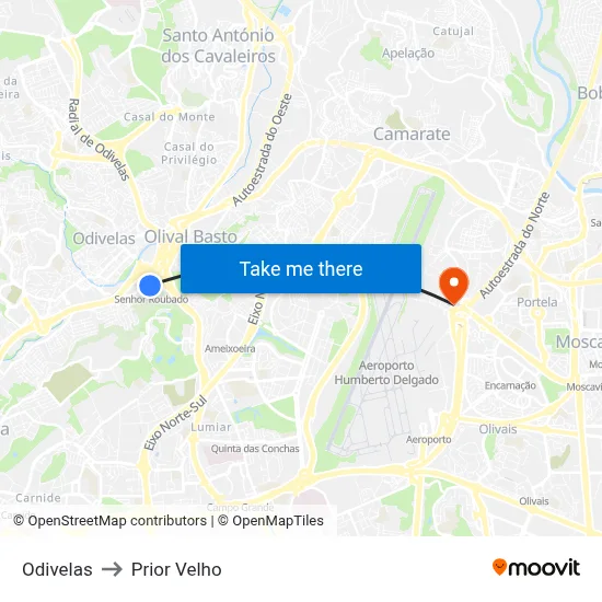 Odivelas to Prior Velho map