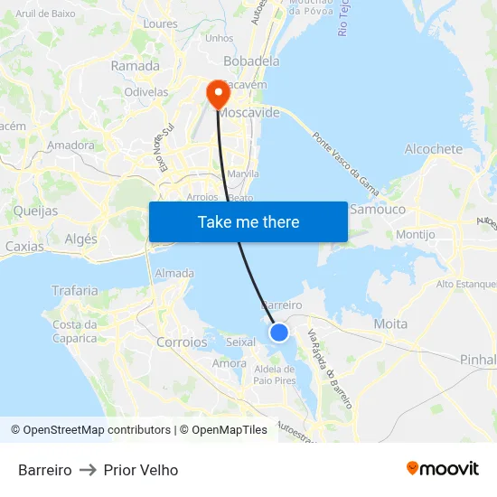 Barreiro to Prior Velho map