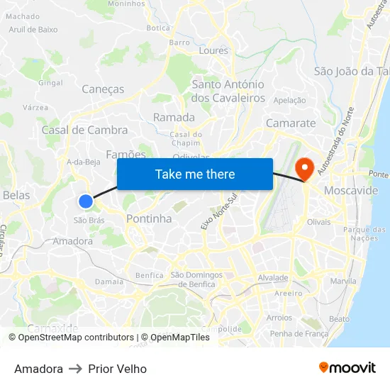 Amadora to Prior Velho map