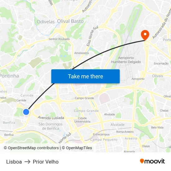 Lisboa to Prior Velho map
