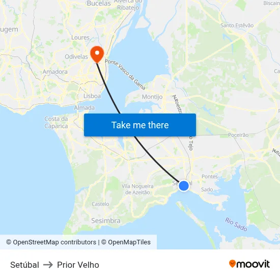 Setúbal to Prior Velho map