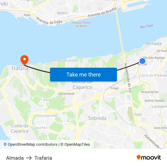 Almada to Trafaria map