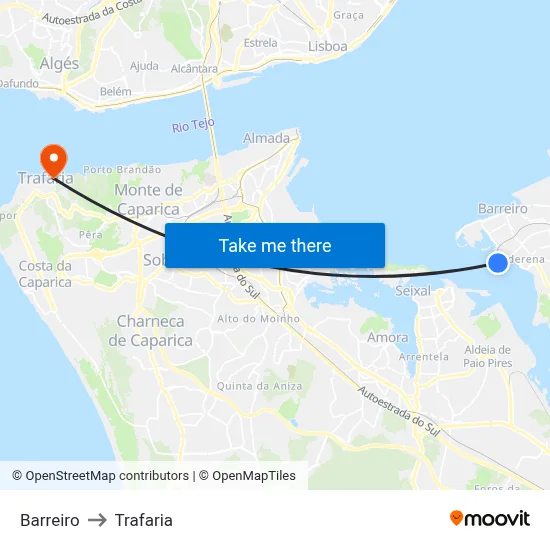 Barreiro to Trafaria map