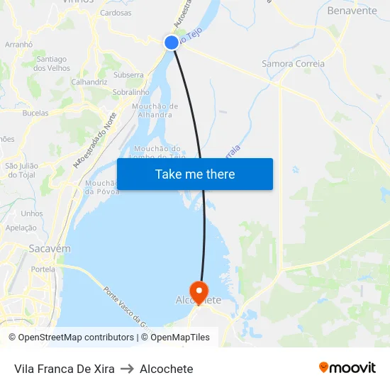 Vila Franca De Xira to Alcochete map