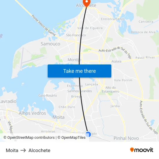 Moita to Alcochete map