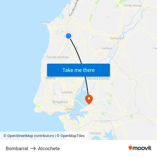 Bombarral to Alcochete map