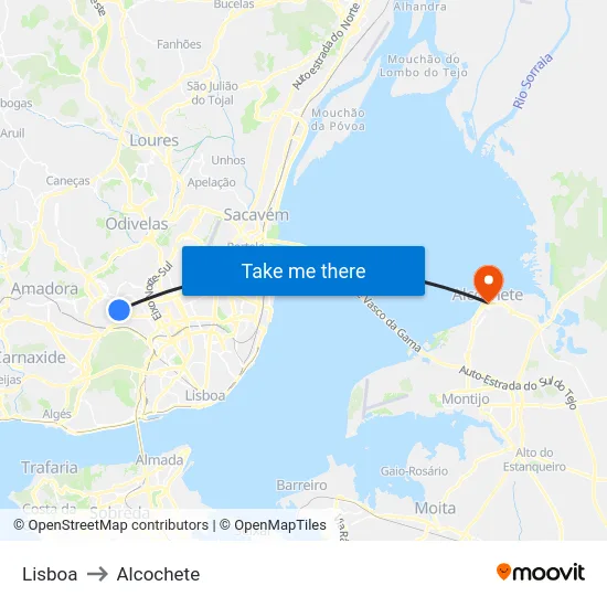 Lisboa to Alcochete map