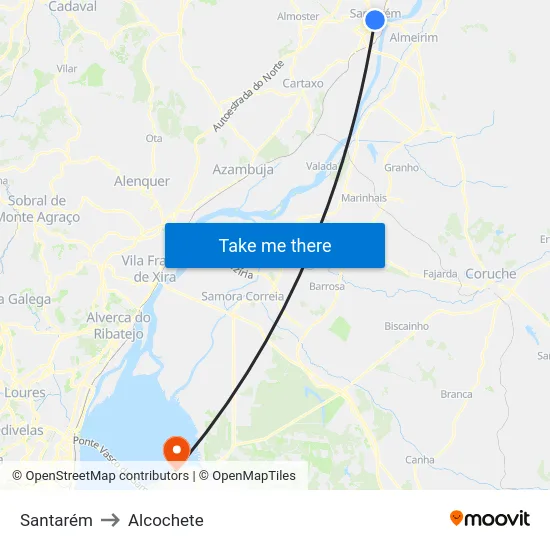 Santarém to Alcochete map