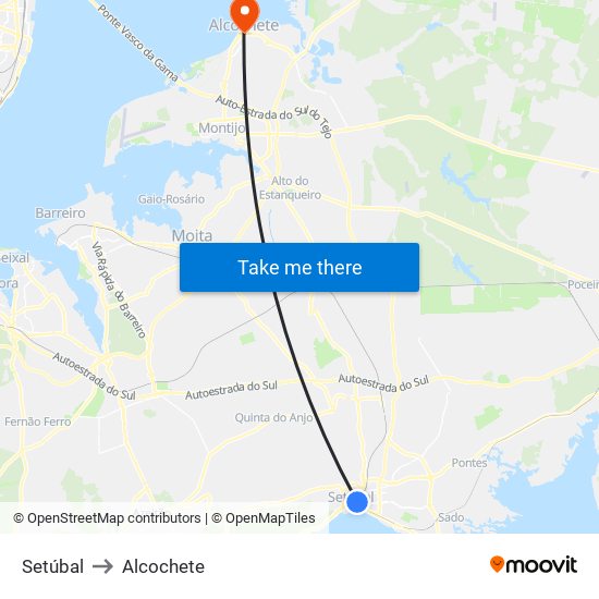 Setúbal to Alcochete map