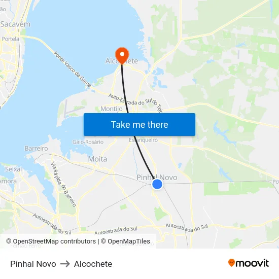 Pinhal Novo to Alcochete map