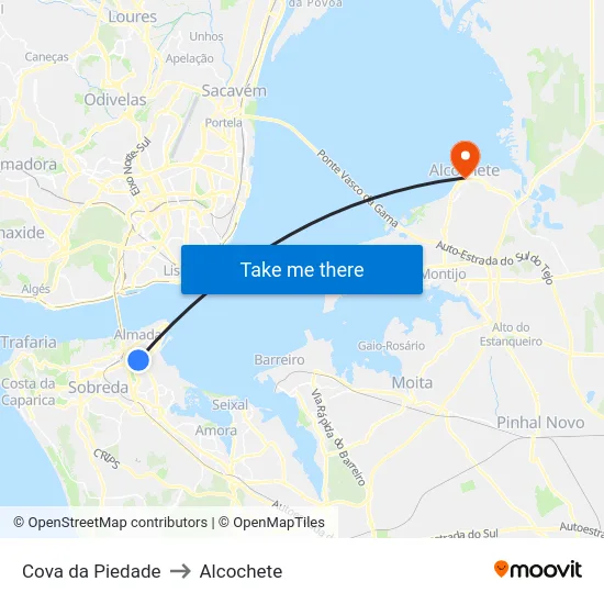 Cova da Piedade to Alcochete map