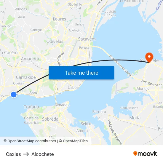 Caxias to Alcochete map