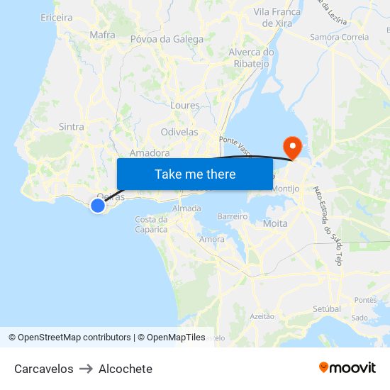 Carcavelos to Alcochete map