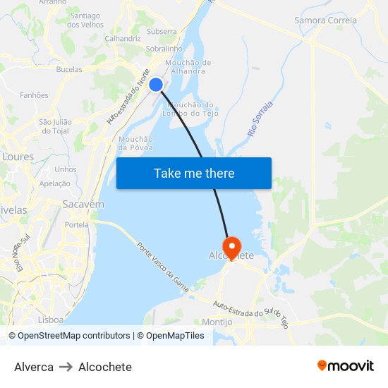 Alverca to Alcochete map