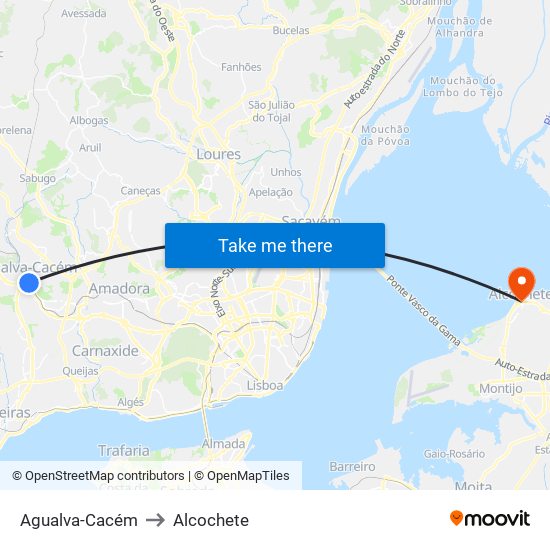 Agualva-Cacém to Alcochete map