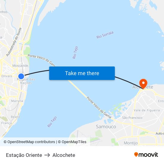 Estação Oriente to Alcochete map