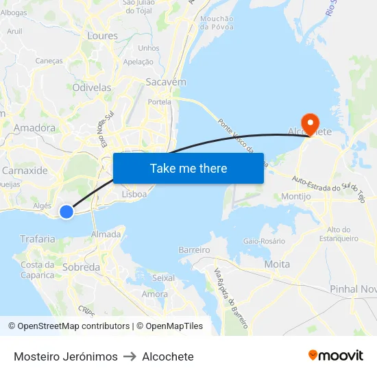 Mosteiro Jerónimos to Alcochete map