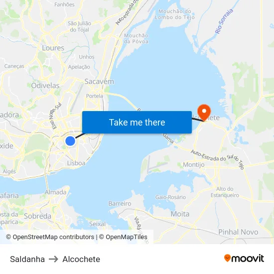 Saldanha to Alcochete map