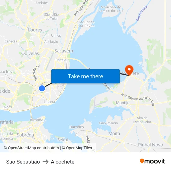 São Sebastião to Alcochete map