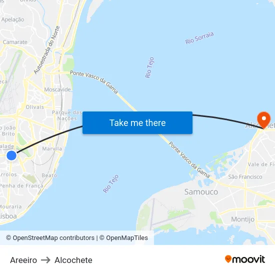 Areeiro to Alcochete map