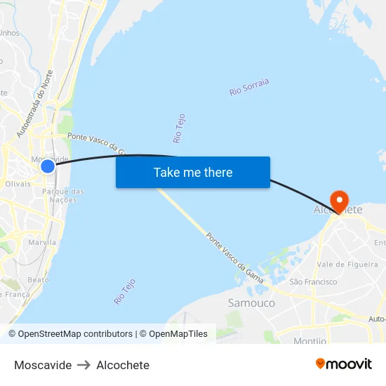 Moscavide to Alcochete map