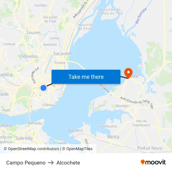 Campo Pequeno to Alcochete map