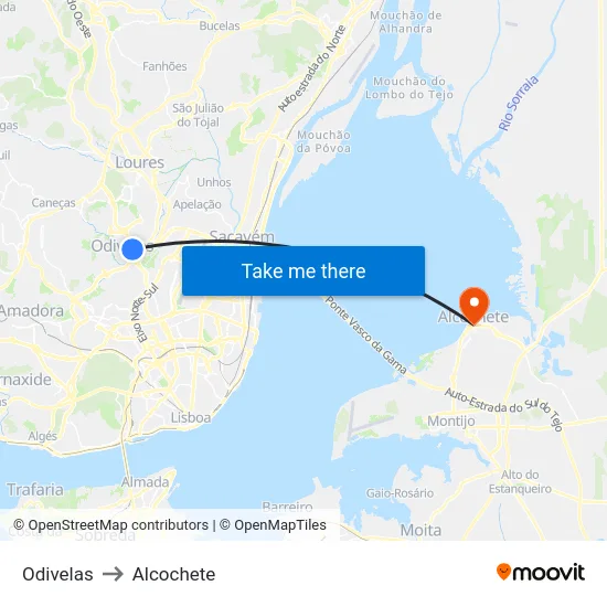 Odivelas to Alcochete map