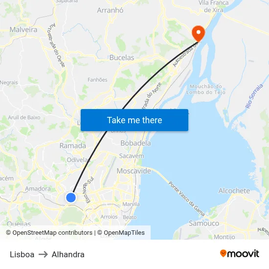 Lisboa to Alhandra map