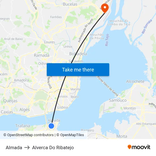 Almada to Alverca Do Ribatejo map