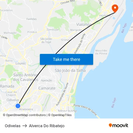 Odivelas to Alverca Do Ribatejo map