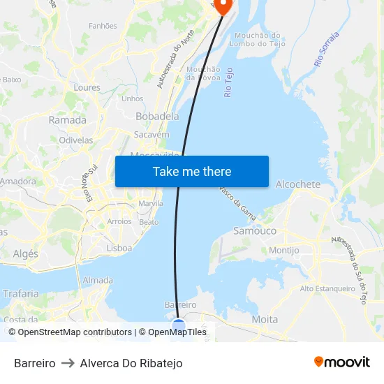 Barreiro to Alverca Do Ribatejo map