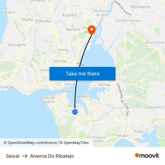 Seixal to Alverca Do Ribatejo map