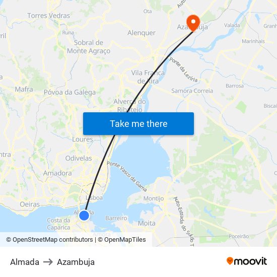 Almada to Azambuja map