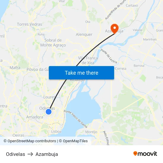 Odivelas to Azambuja map