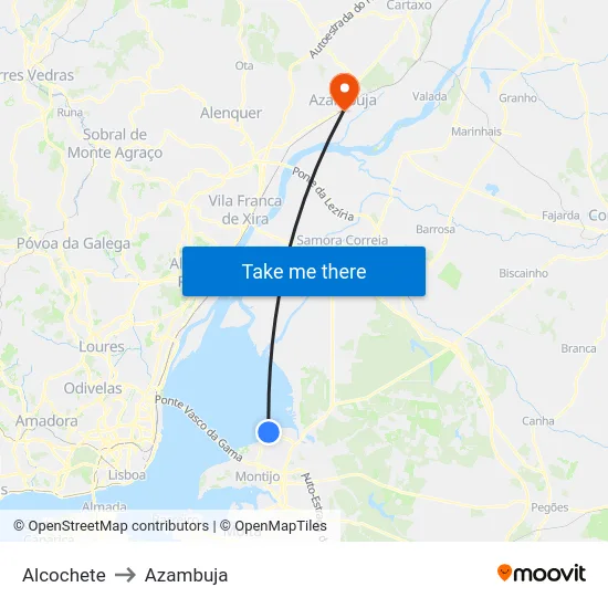 Alcochete to Azambuja map