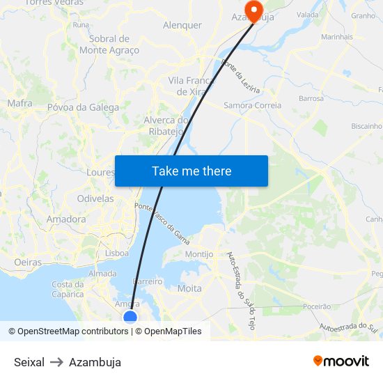 Seixal to Azambuja map
