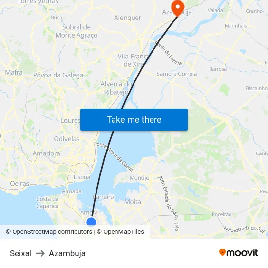 Seixal to Azambuja map